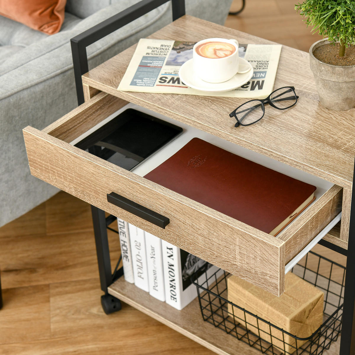 BEISTELLTISCH Servierwagen mit Schublade Ablage Küchenwagen Sideboard Natur - Eichefarben, Kunststoff (60/30/65cm) - HOMCOM