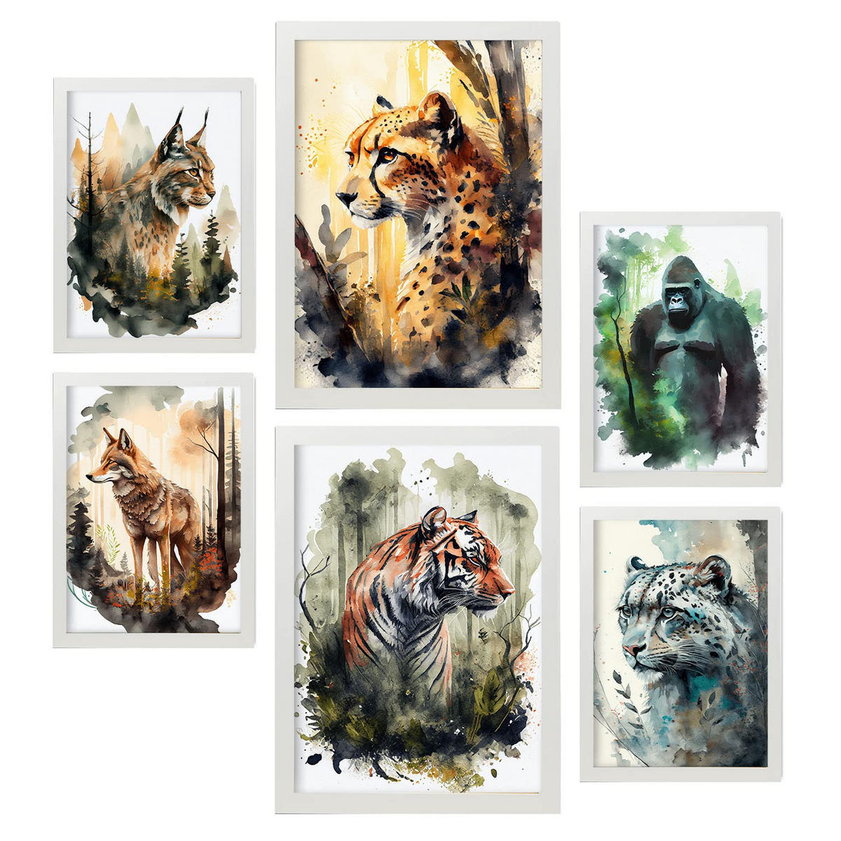 POSTER Set Mit 6 Katzen Bunt Größe A3 & A4 Weißer Rahmen - Weiß, Papier (29.7/1cm) - Nacnic