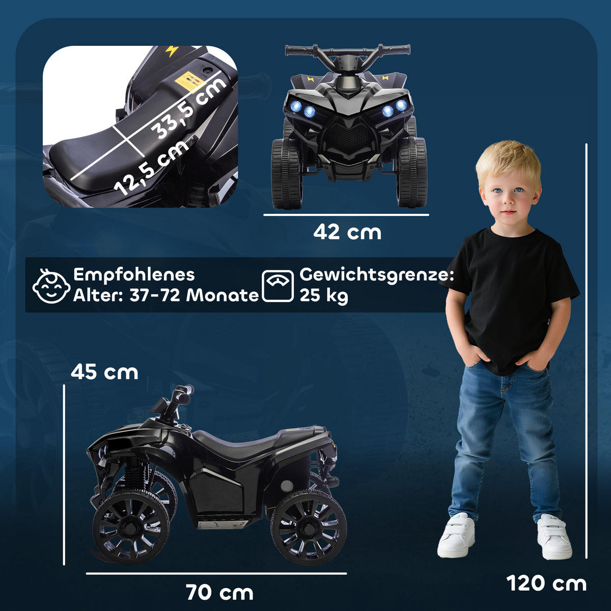 KINDER-ELEKTROQUAD 6V Kinderquad mit Vorwärts-, Rückwärtsfunktion, Musik - Schwarz, Metall (70/42/45cm) - AIYAPLAY