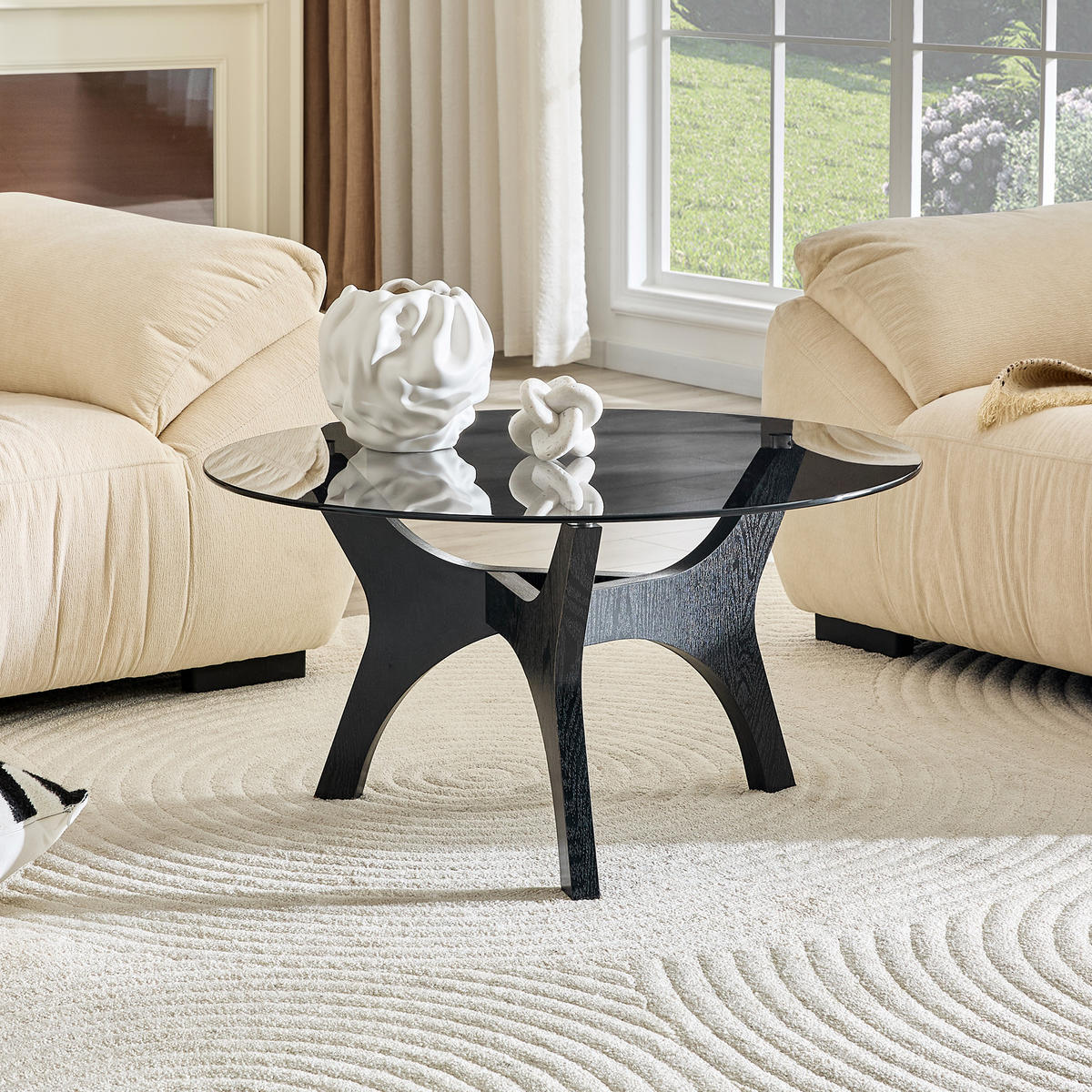 COUCHTISCH in Schwarz Runder Kaffeetisch für Wohnzimmer, Büro & Lounge, Hitze- & Kratzfest, 80/80/42.2 - Schwarz/Naturfarben, Glas/Holzwerkstoff (80/80/42.2cm) - STILVORA