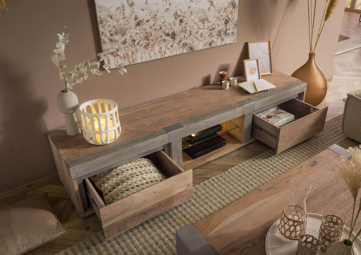 TV-BOARD Akazie 205x48x39 beige lackiert Amsterdam #102 - Beige, Holz (205/39/48cm) - Massivmoebel24