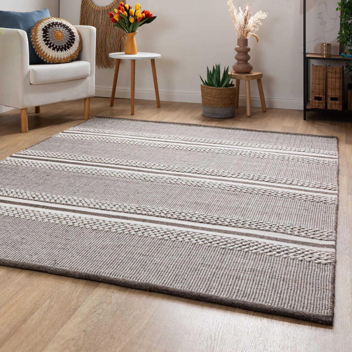HANDWEBTEPPICH 120/180 cm Habo breite Streifen - Grau, Naturmaterialien (120/180cm) - Steffensmeier
