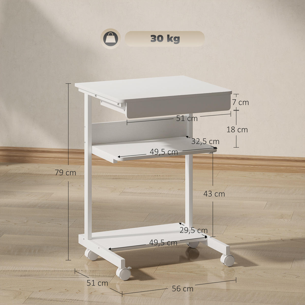 LAPTOPTISCH DE-14902 mit Schublade & CPU-Halter Weiß - Weiß, Holzwerkstoff (56/51/79cm) - ComfortXL