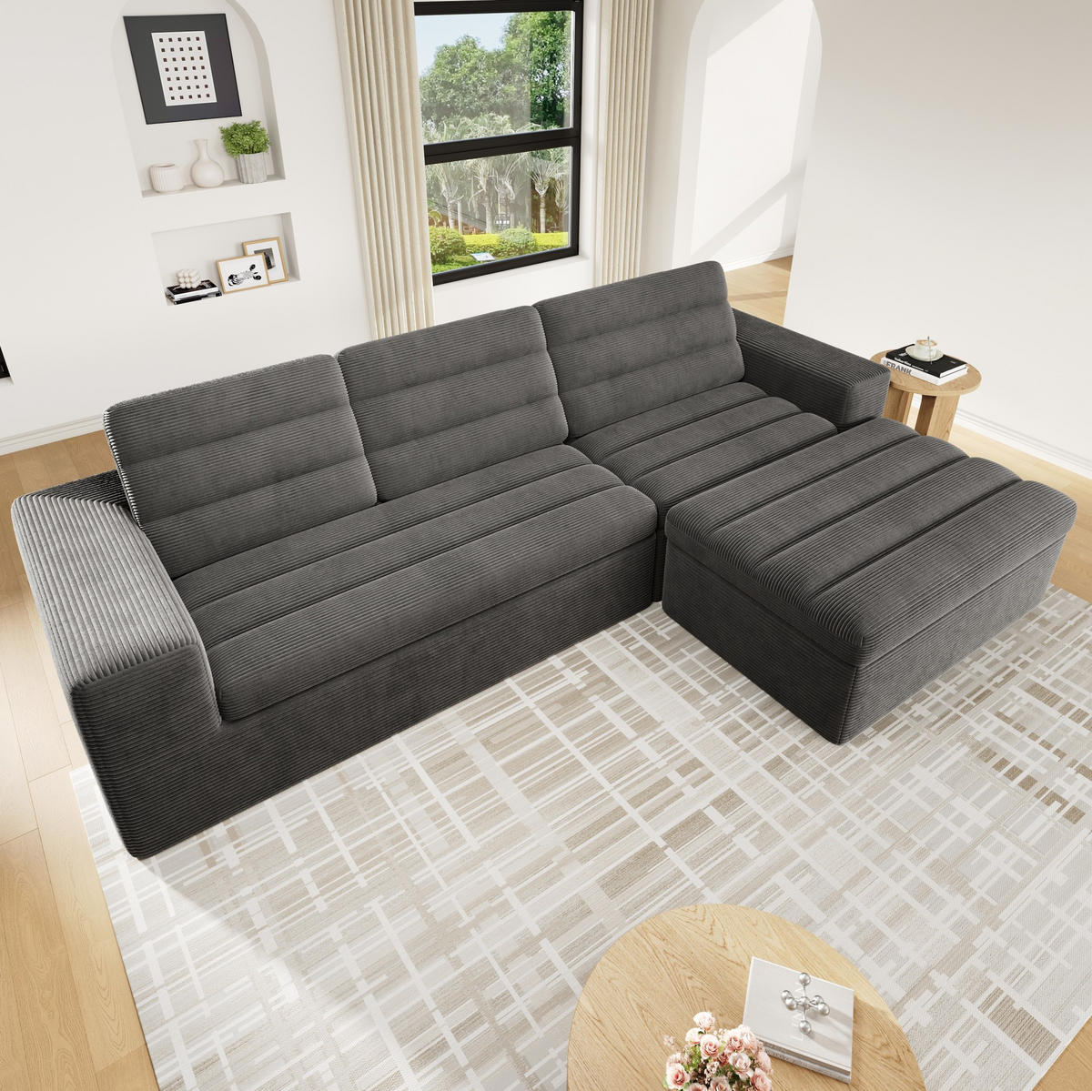 SOFA modular 253x161 cm Cord Dark Grey mit Hocker - Dunkelgrau, Kunststoff (161/253cm) - Meubliv