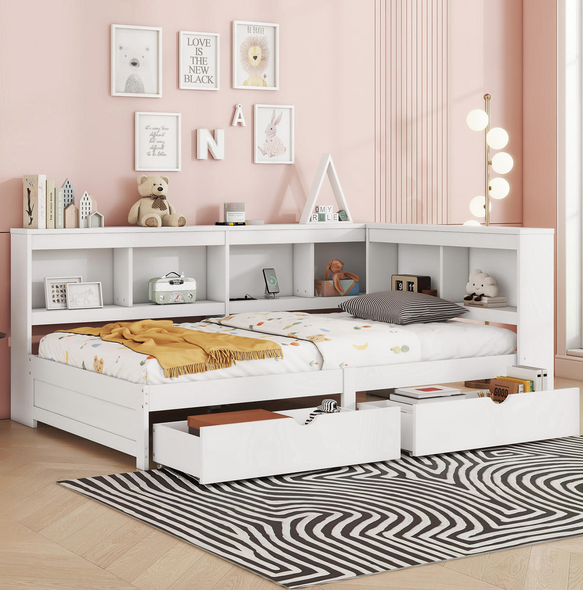 POLSTERBETT aus Spanplatte und MDF 90x200 cm Weiß mit 2 Schubladen, Steckdose, 2 USB-Anschlüssen und Ablagefächern - Weiß, Holzwerkstoff (90/200cm) - Modfu