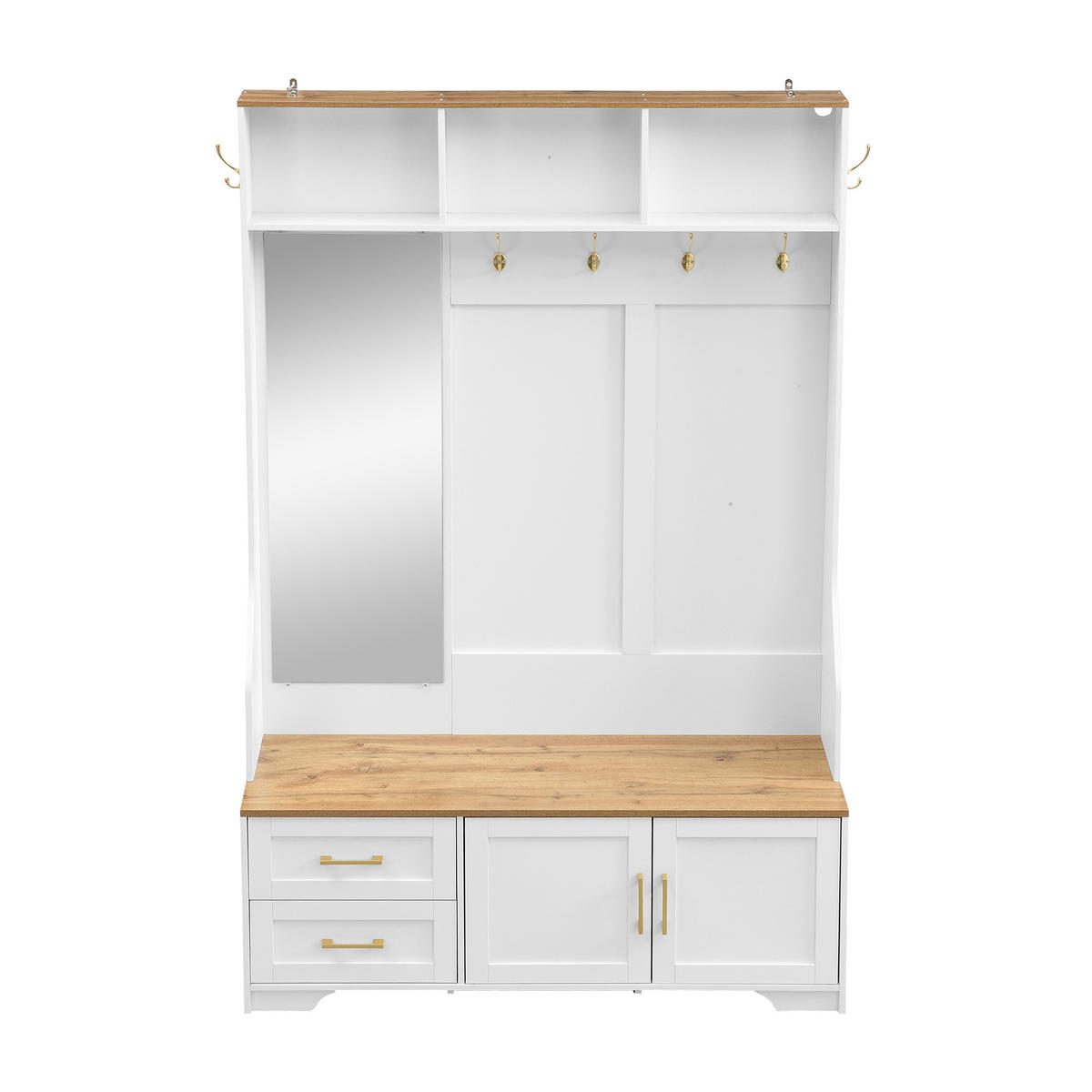 GARDEROBE Flurgarderobe Garderobenschrank LED Spiegel Haken Schubladen Sitzbank 187/120/40 cm - Weiß/Naturfarben, Glas/Holzwerkstoff (120/187/40cm) - EVRYAE