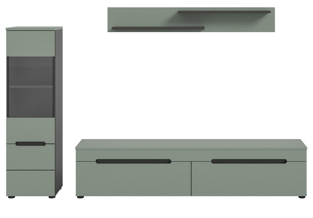 WOHNWAND Salbei grün, grau, Kombination 3-teilig 220 cm hängend oder stehend, Soft-Close - Salbeigrün/Schwarz, Glas/Holzwerkstoff (221/141/33cm) - Inn.Furn
