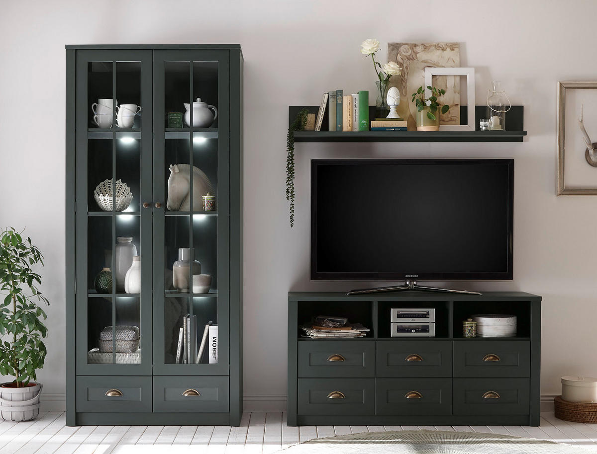 VITRINE grün Landhaus 90 x 197 cm, Vitrinenschrank für Wohn- und Esszimmer - Chromfarben/Schwarz, Glas/Holzwerkstoff (90/197/43cm) - Furn.Design