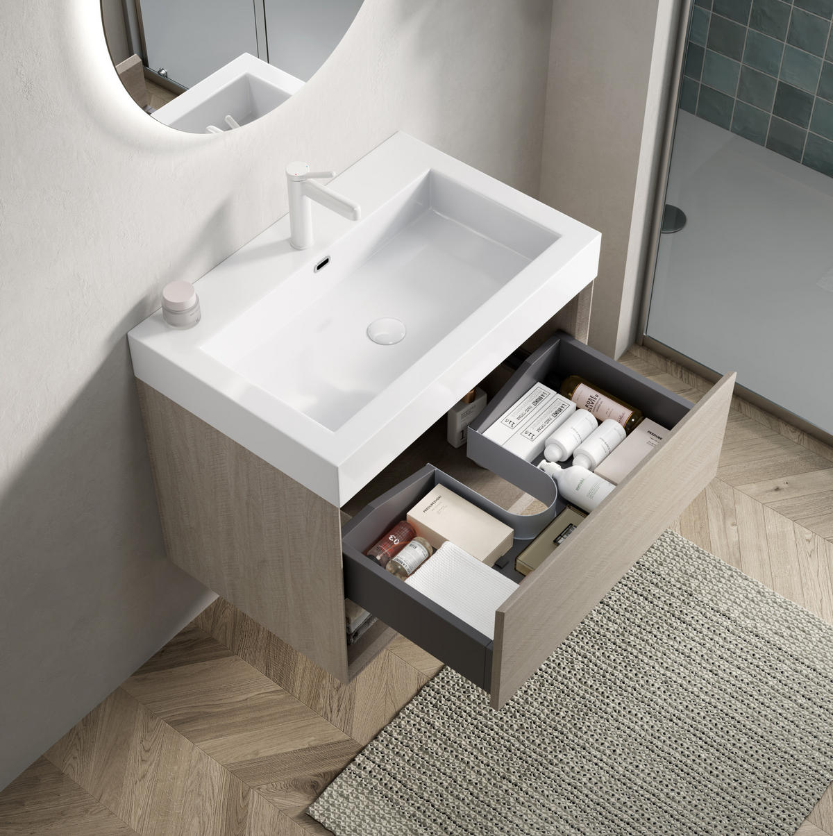 WASCHTISCHKOMBI 70 cm in Eiche mit Mineralwerkstoffbecken und Soft-Close-Schublade - Eichefarben, Kunststoff (70/60/46cm) - BEAOK