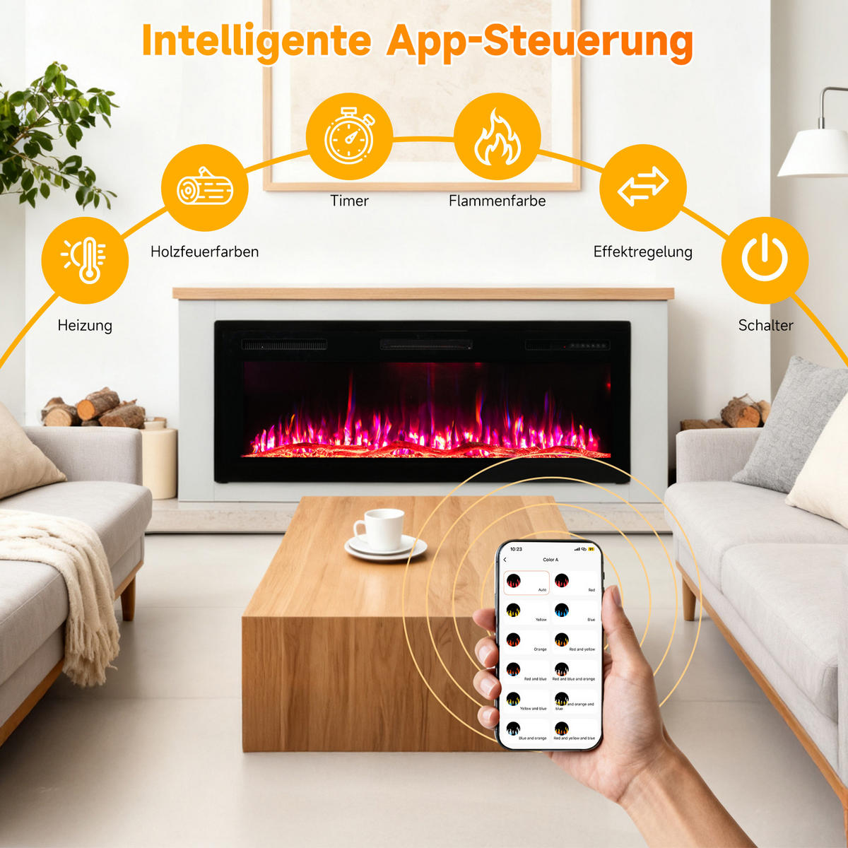 ELEKTROKAMIN mit Schrank, 1000W / 2000W Heizleistung,App-Steuerung - Weiß, Metall (127/46/11.3cm) - HOMAVO