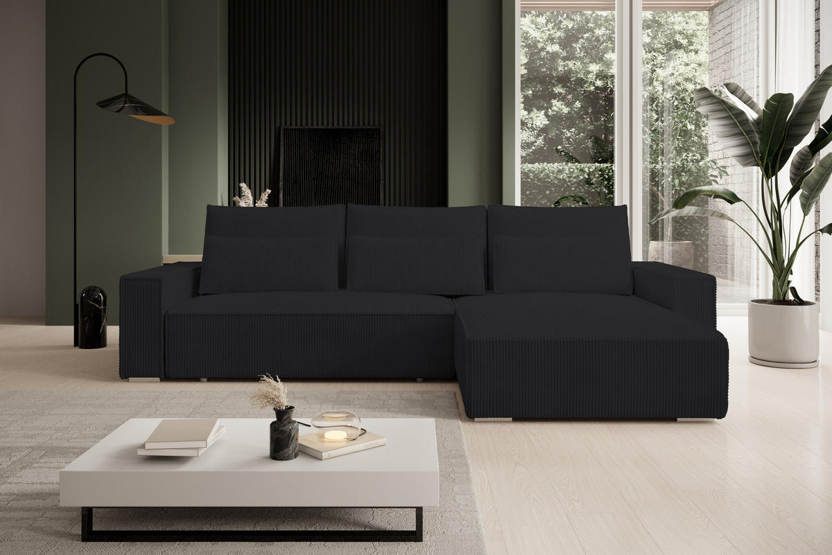 ECKSOFA Alice mit Bettkasten und Schlaffunktion, Cordstoff in L-Form - Schwarz, Textil (289/184cm)
