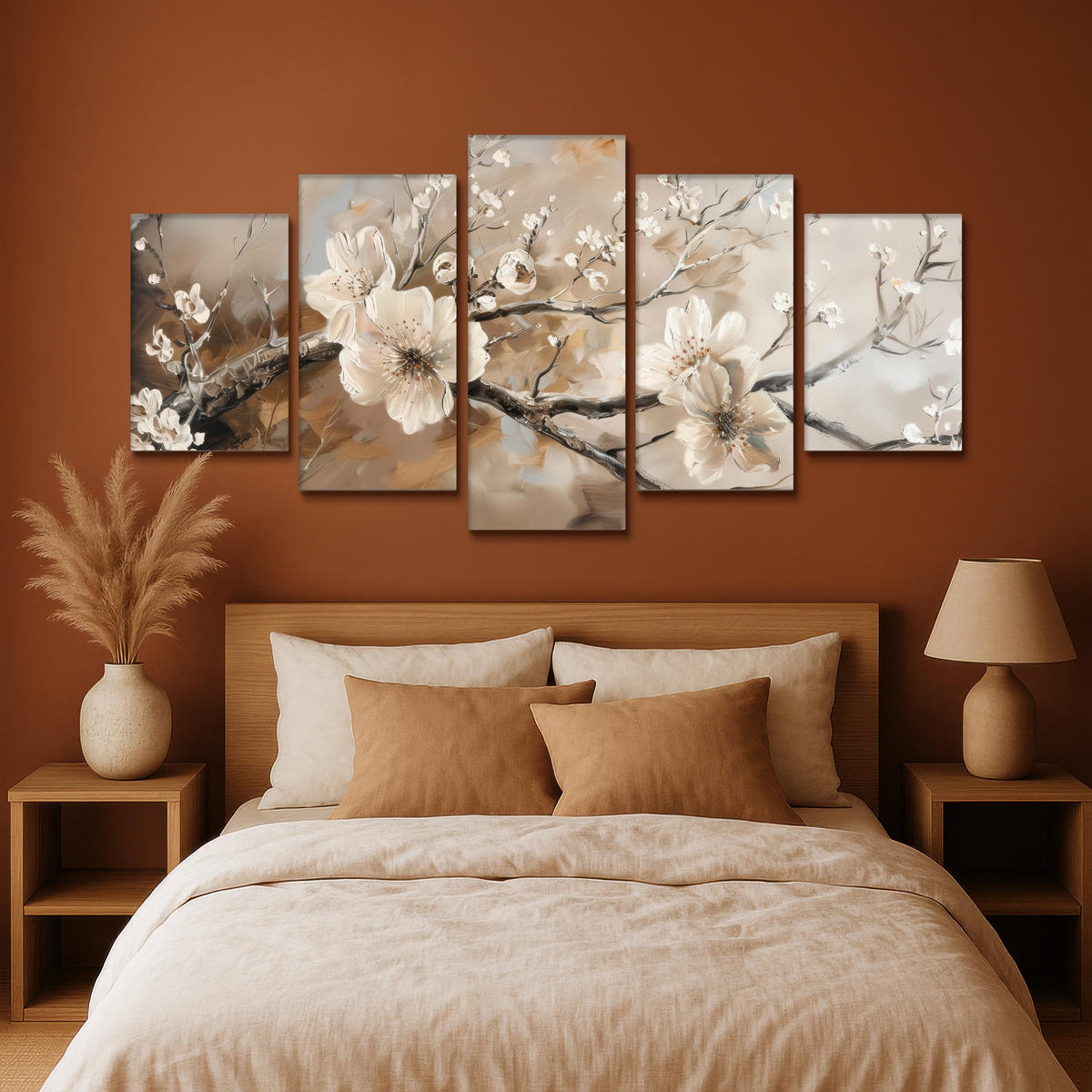 LEINWANDBILD 5er Set Blüte - Beige - Abstrakt - Blumen 200x100 cm - Hellbraun, Textil (200/100cm) - MuchoWow