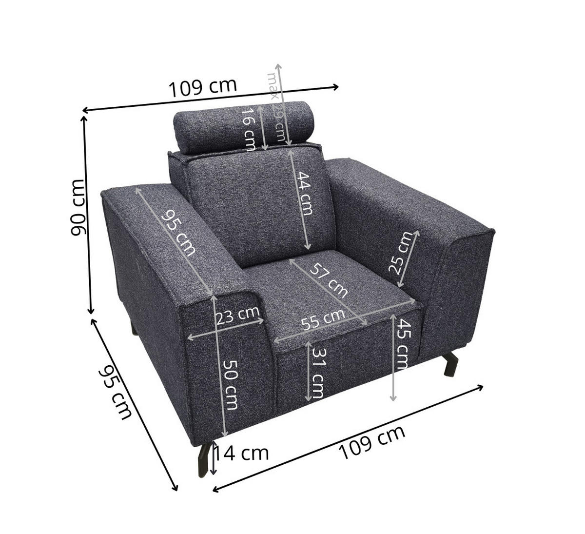 POLSTERSESSEL Selena - Marinenblau, Verstellbare Kopfstützen und Metall Füßen - Schwarz/Dunkelblau, Kunststoff/Textil (109/90/95cm) - KS Home Concept