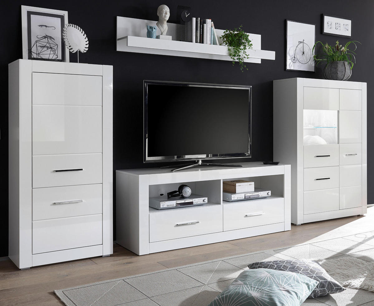 WOHNWAND weiß Hochglanz 4-teilig 335 cm, Wohnkombination mit viel Stauraum - Chromfarben/Weiß Hochglanz, Glas/Holzwerkstoff (335/170/45cm) - Furn.Design