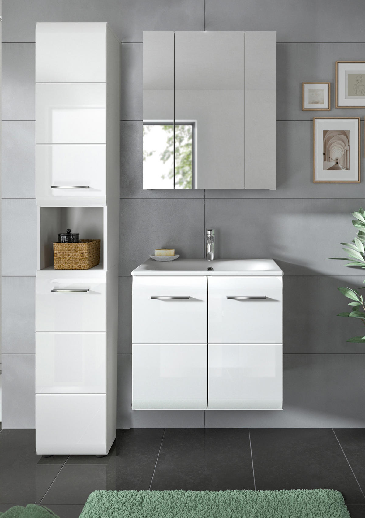 BADMÖBEL Set 3-teilig in weiß Hochglanz inkl. Waschbecken 105 x 185 cm Cover - Weiß Hochglanz/Silberfarben, Holzwerkstoff/Kunststoff (105/185/46cm) - Inn.Furn