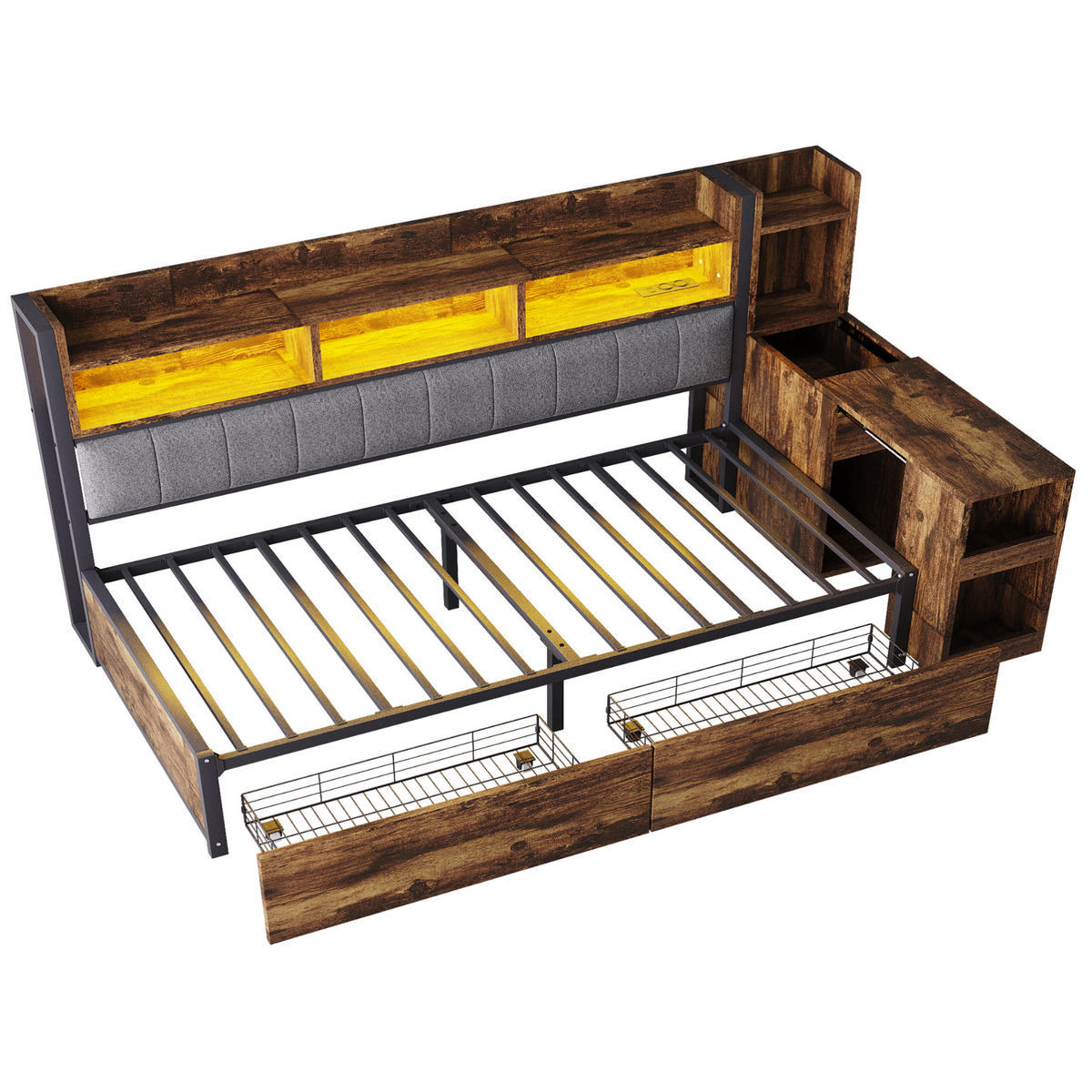 MULTIFUNKTIONSBETT aus Metall und Holz 90x200 cm Naturholzfarben mit Schreibtisch, Steckdosen, LED und Stauraum - Naturfarben, Metall (90/200cm) - Modfu