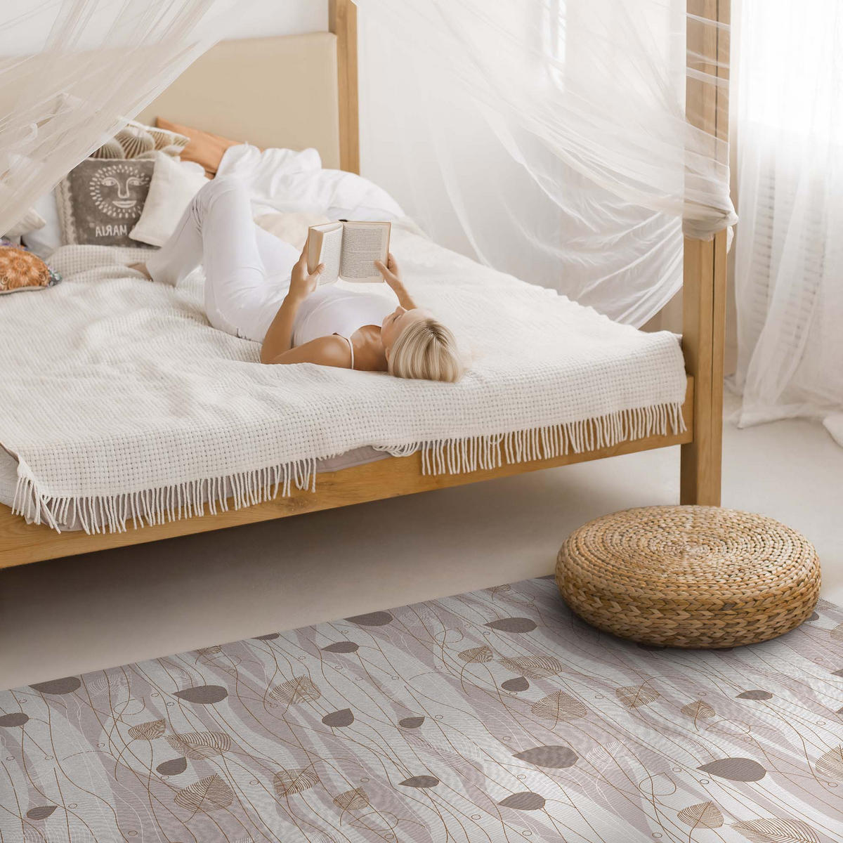 TEPPICH 140x210 cm Boho-Blätter auf Wellen Hintergrund - Dunkelgrau, Kunststoff (140/210cm) - Wallfluent