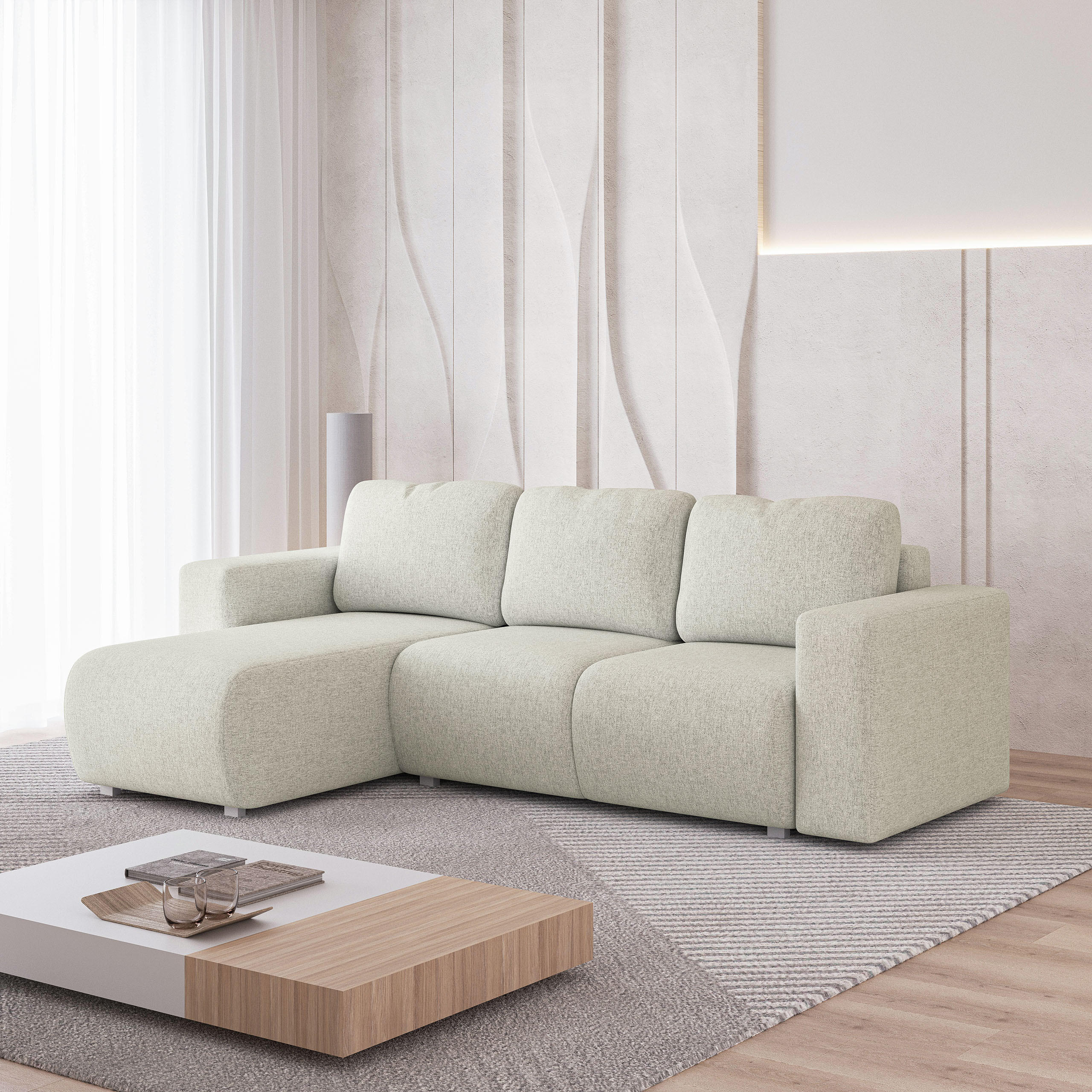 ECKSOFA RINOVA Creme Geflochtener Stoff mit Schlaffunktion - Creme, Holz (250/143cm) - MASSENO