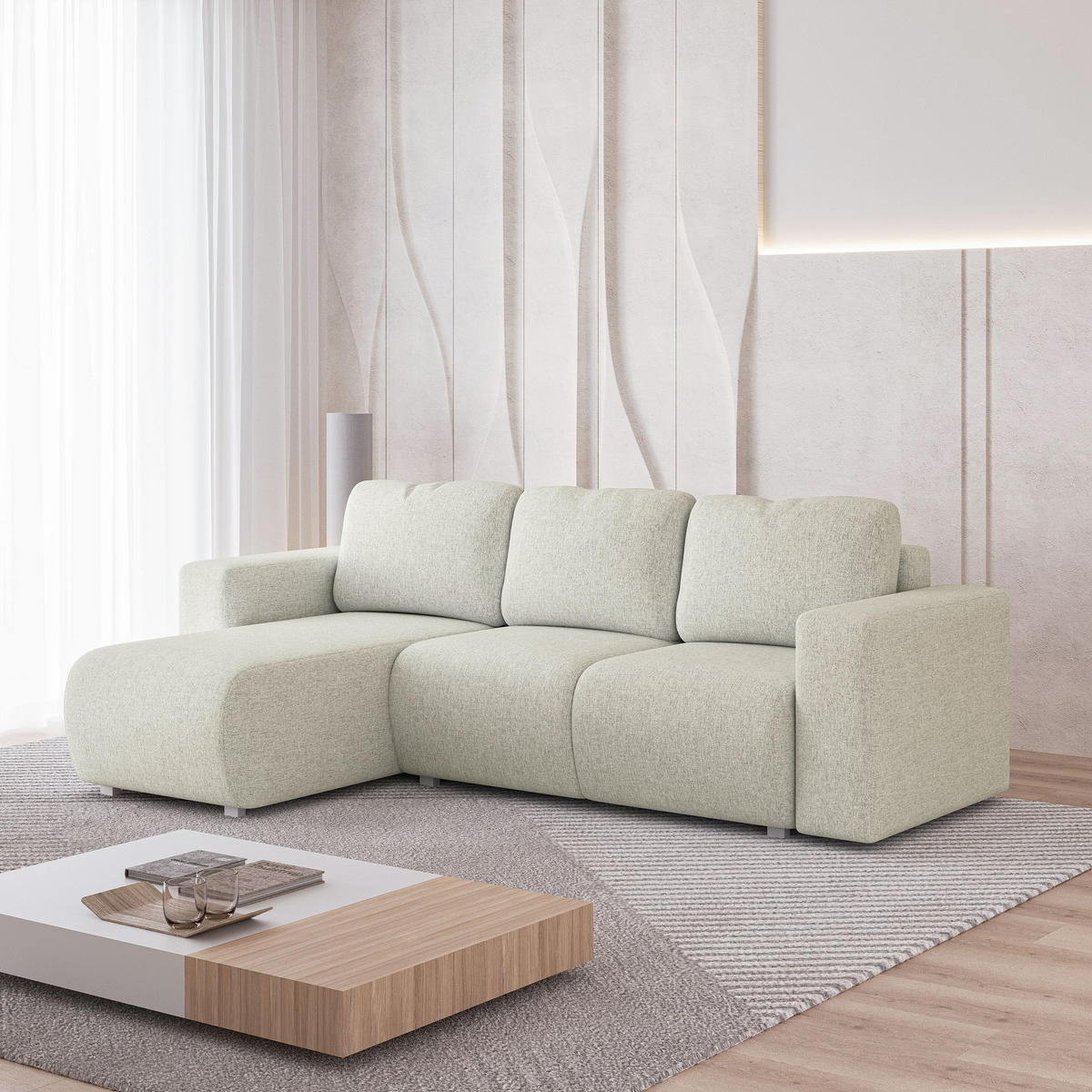 ECKSOFA RINOVA Creme Geflochtener Stoff mit Schlaffunktion - Creme, Holz (250/143cm) - MASSENO