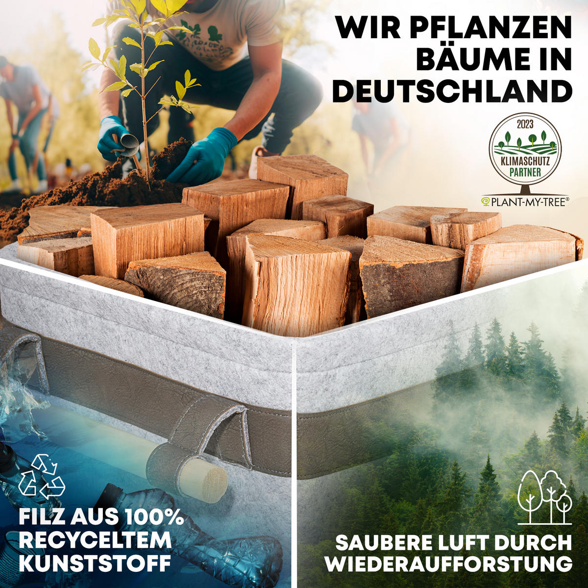 KAMINHOLZKORB FireMaster Filz mit schmutz- und wasserabweisendem Innenlayer und Lederboden 42/32/35 cm - Grau, Textil (32/35/42cm) - OAKAGE