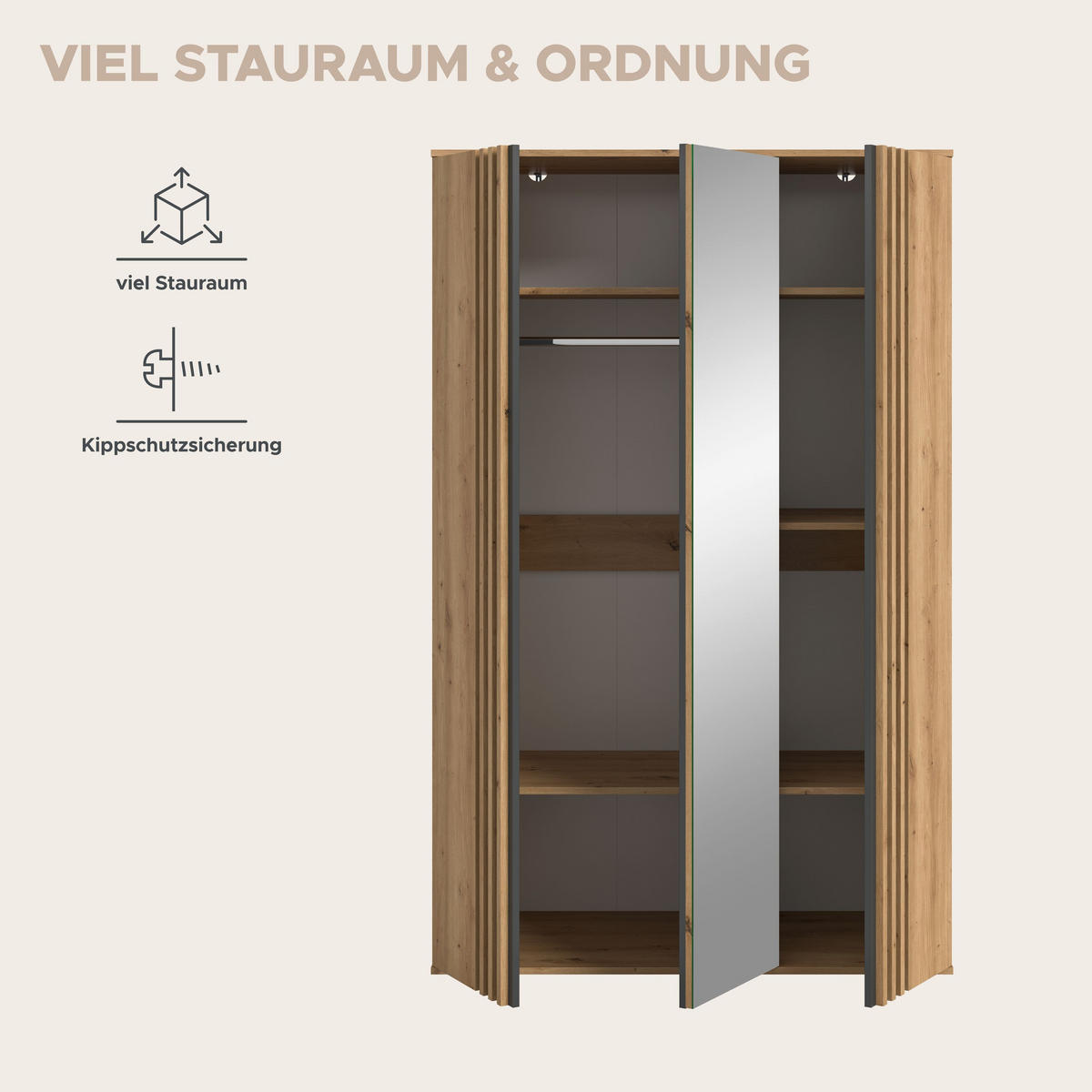 KLEIDERSCHRANK 3-türig TOFTA (B/H/T: ca. 120/192/56 cm) in Artisan Eiche Nachbildung/Artisan Eiche Nachbildung - Eiche Artisan, Holzwerkstoff (120/192/56cm)
