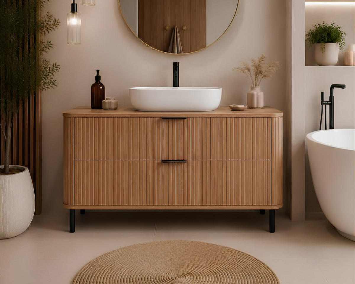 BADEZIMMERSCHRANK : Farbe Eiche Craft, Griff schwarz, Füße schwarz, 120 x 41,5 x 66,7 cm - Eichefarben/Schwarz, Holzwerkstoff (120/66.7/41.5cm) - 3XE LIVING