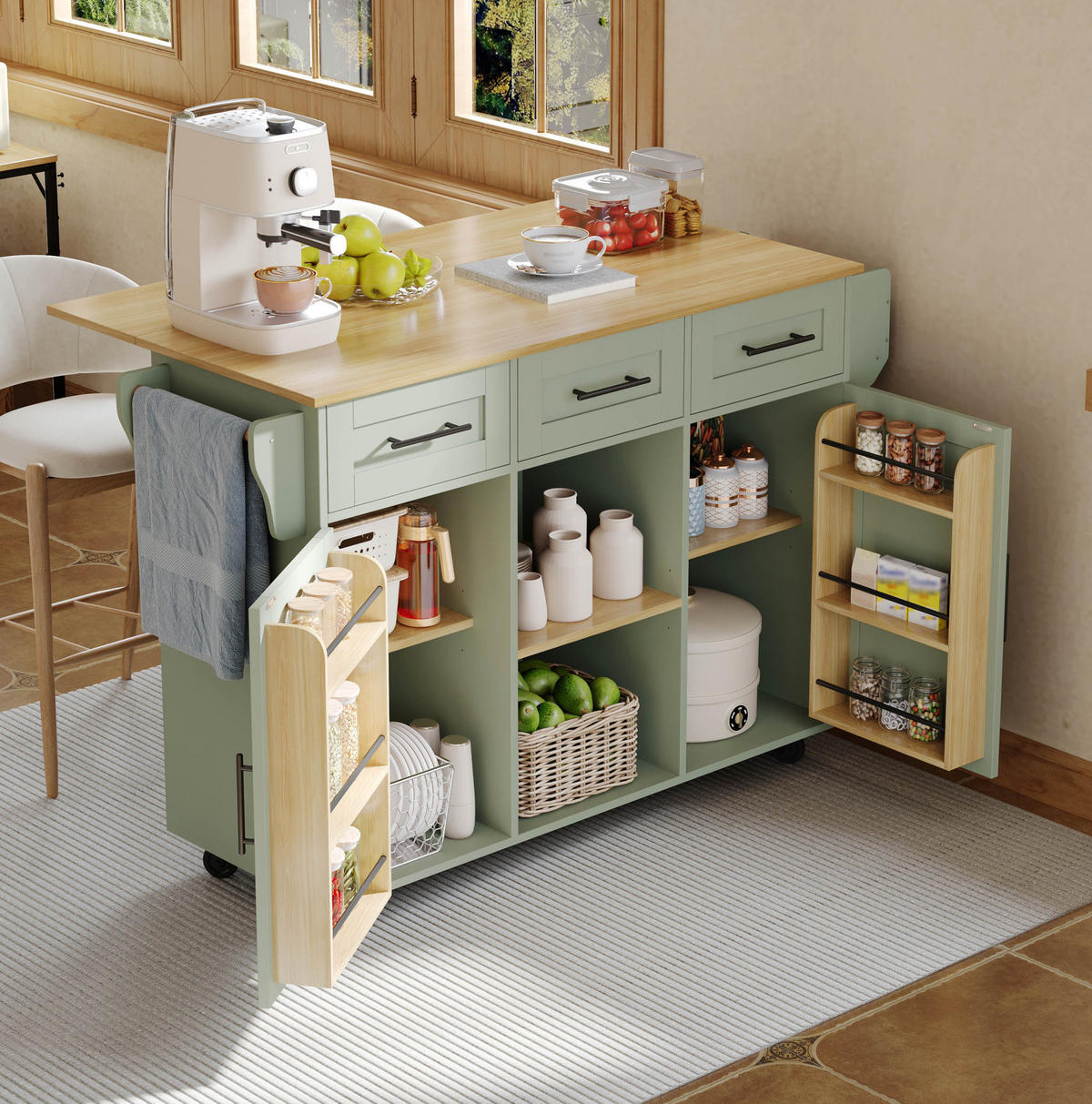 KÜCHENWAGEN mit Klappplatte 139 x 46(71) x 91,5 cm Antikgrün - Grün, Holz (46/91.5/139cm) - Beauniv