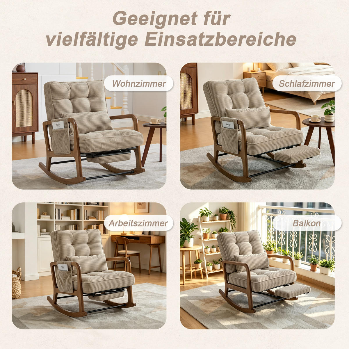 SCHAUKELSTUHL Khaki Cord mit Fußstütze, Seitentaschen und verstellbarer Lehne - Sandfarben, Textil (80/92/70cm) - Oxeza