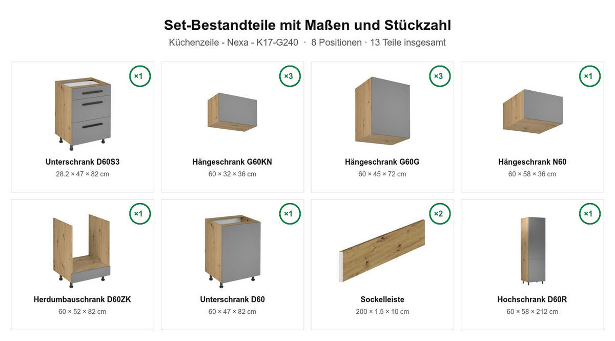 KÜCHENZEILE Nexa Grau & Woodline – 240 cm – K17-G240 - Hellbraun/Eiche Artisan, Holzwerkstoff (240/248/58cm) - ROYAL24_MARKT