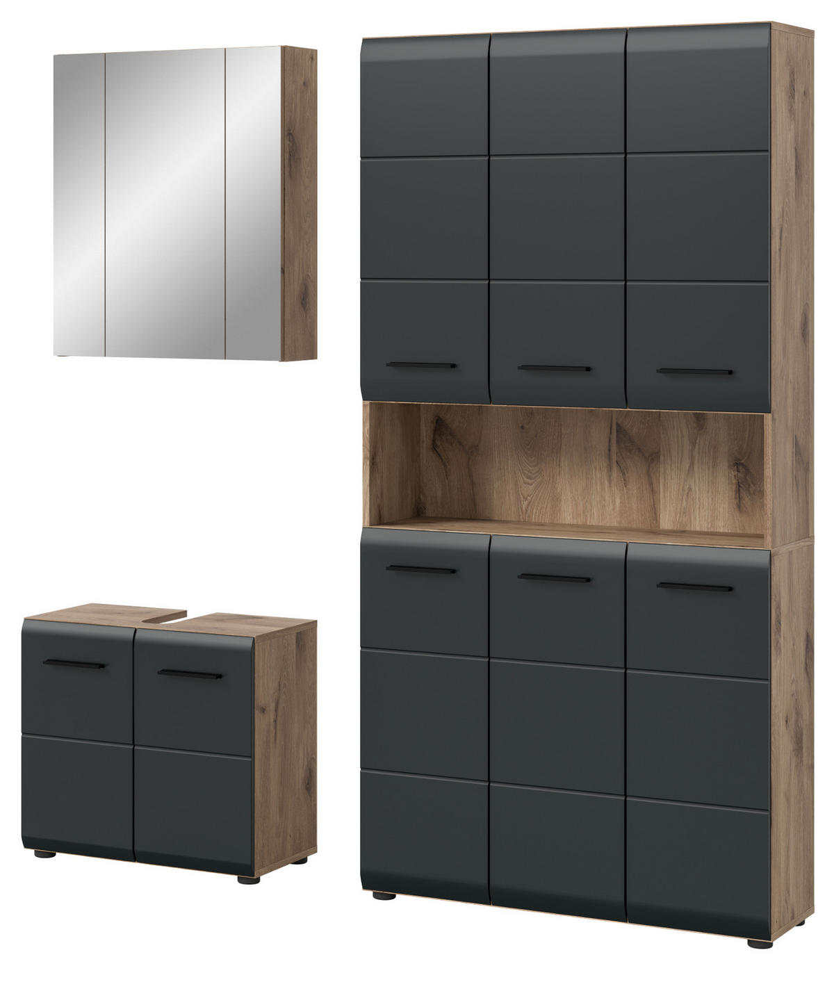 BADMÖBEL-SET schwarz matt, Nox Eiche 3-teilig, Komplettset mit viel Stauraum - Eichefarben/Schwarz, Glas/Holzwerkstoff (165/185/30cm) - Inn.Furn