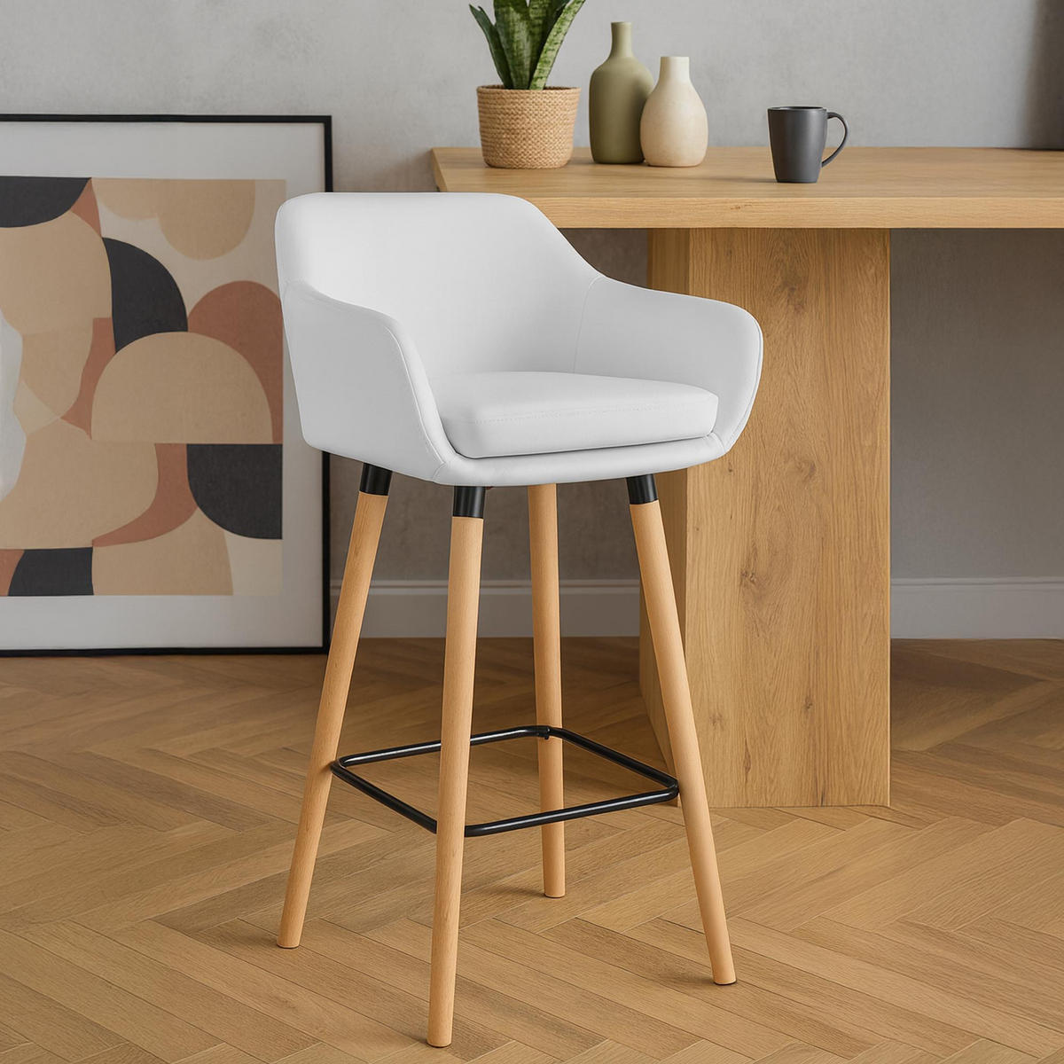 BARHOCKER 2er Set Lederlook weiß - Eukalyptusholzfarben/Weiß, Holz/Textil (55/99/46cm) - CLP