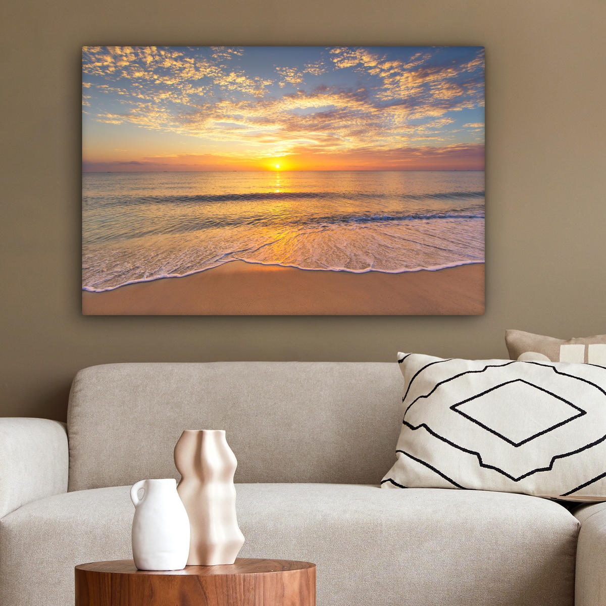 LEINWANDBILD Strand - Sonnenuntergang - Meer Gemälde 60x40 cm - Gelb, Textil (60/40cm) - MuchoWow