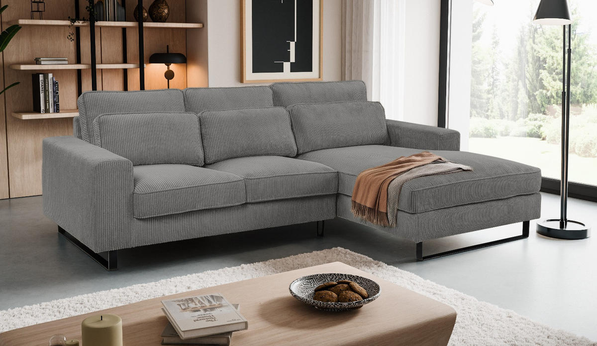 SOFA grau Cord 276 cm, Ecksofa 4-Sitzer, L-Sofa Ottomane rechts - Schwarz/Grau, Holz/Textil (276/183cm) - Inn.Furn