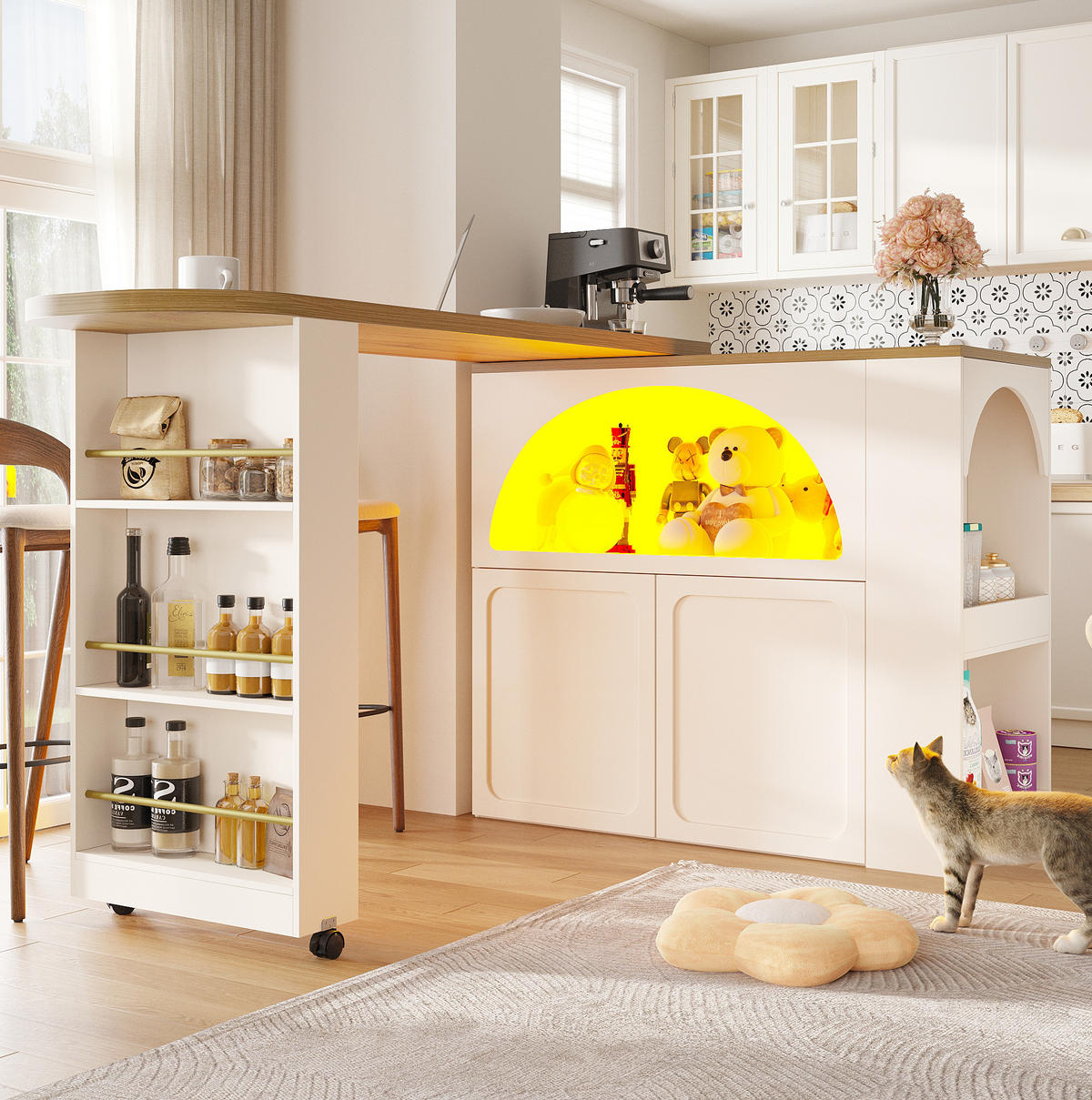 BAROVÝ stůl z MDF 135-205x39x100 cm bílý, rozkládací, pojízdný s LED, USB a úložným prostorem - bílá, kompozitní dřevo (205/100/39cm) - Modfu