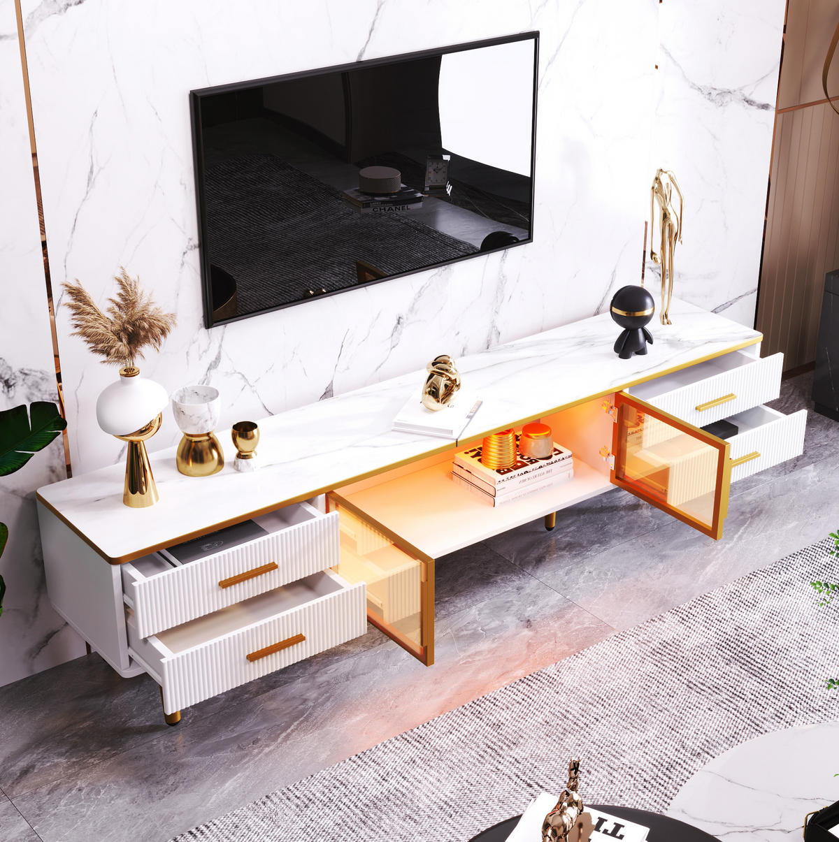 TV-LOWBOARD aus Spanplatte 170x37x47,5 cm Weiß in Marmoroptik mit LED-Beleuchtung, 4 Schubladen und 2 Glastüren - Weiß, Holzwerkstoff (170/47.5/37cm) - Modfu