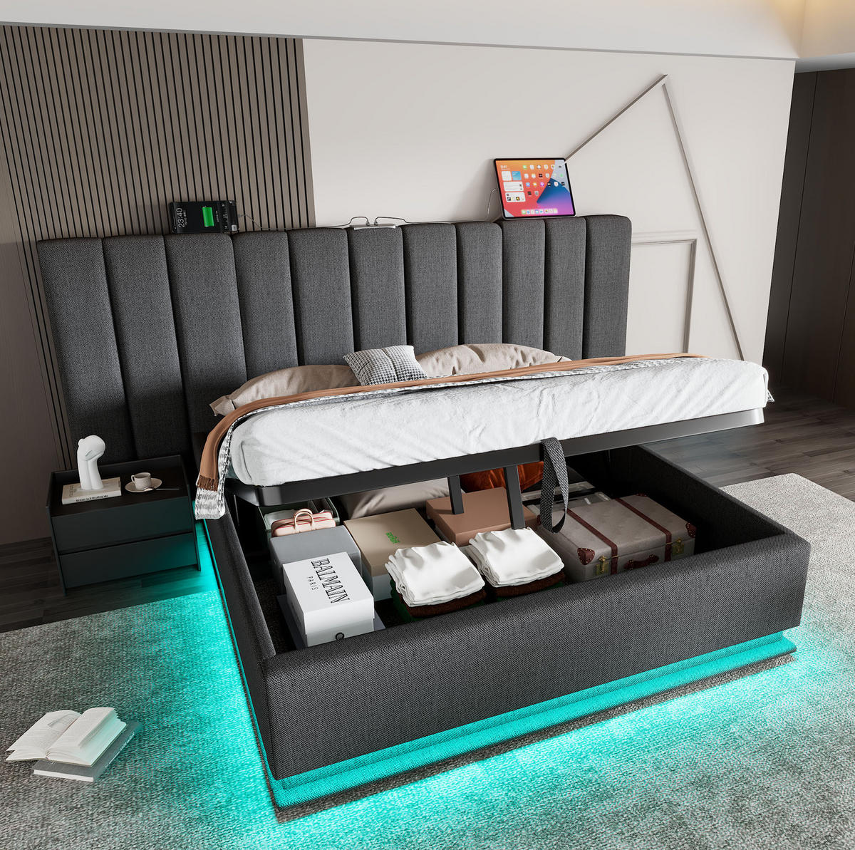 POLSTERBETT mit Stauraum LED und Ladefunktion 160x200 cm Leinen Grau - Grau, Metall (160/200cm) - Meubliv