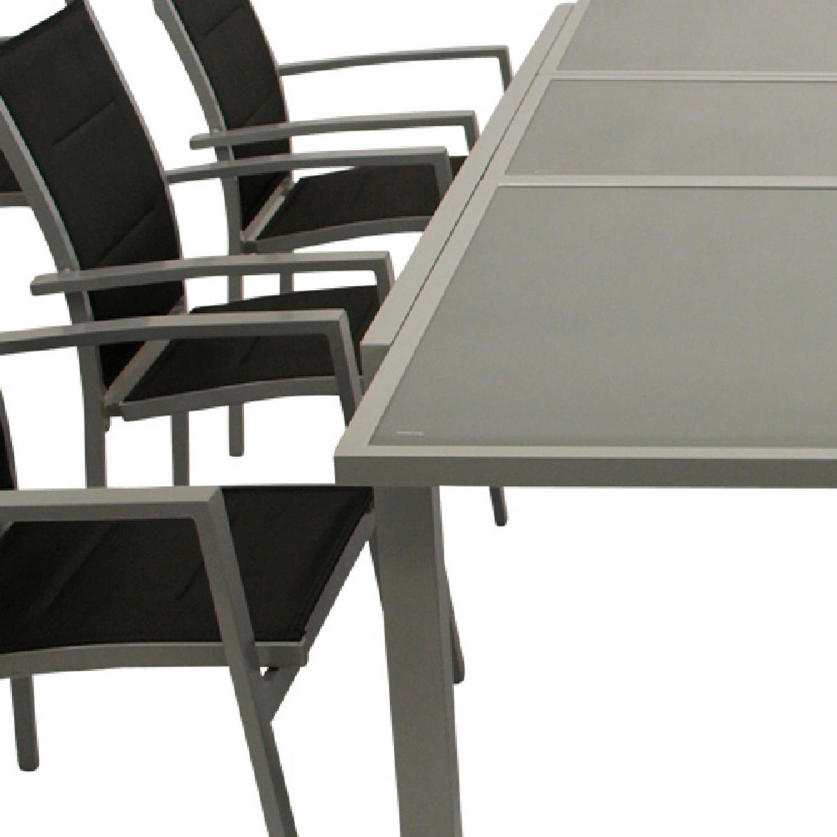 GARTEN-GARNITUR Ashford - 7-teilige Garten-Essgruppe (6x Stapelsessel mit Aluminiumgestell, Bespannung Textillehne schwarz, Ausziehtisch - Schwarz, Metall - TPFGarden