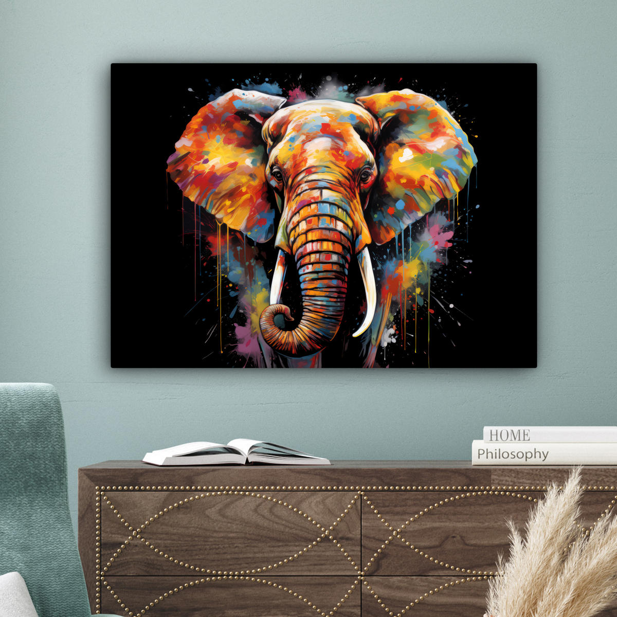 LEINWANDBILD Elefant - Graffiti - Schwarz - Tiere - Farben Wandbilder 80x60 cm - Schwarz, Textil (80/60cm) - MuchoWow