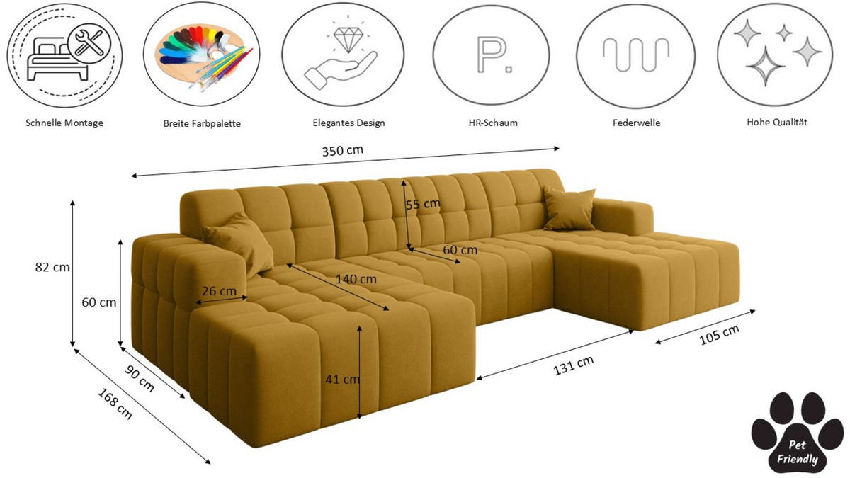 ECKSOFA U-Form Nimes Stoff Portland Gelb - Gelb, Holz/Textil (168/350cm) - Kaiser Möbel