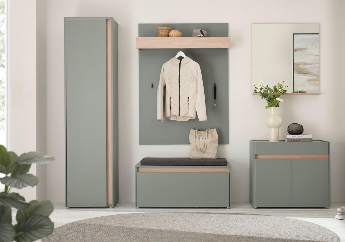 GARDEROBE Set 5-teilig Salbei Grün mit Eiche, Flurgarderobe mit Schuhschrank und Spiegel 190 x 200 cm, inkl. Sitzkissen - Salbeigrün/Eichefarben, Glas/Holz (190/200/40cm) - Furn.Design