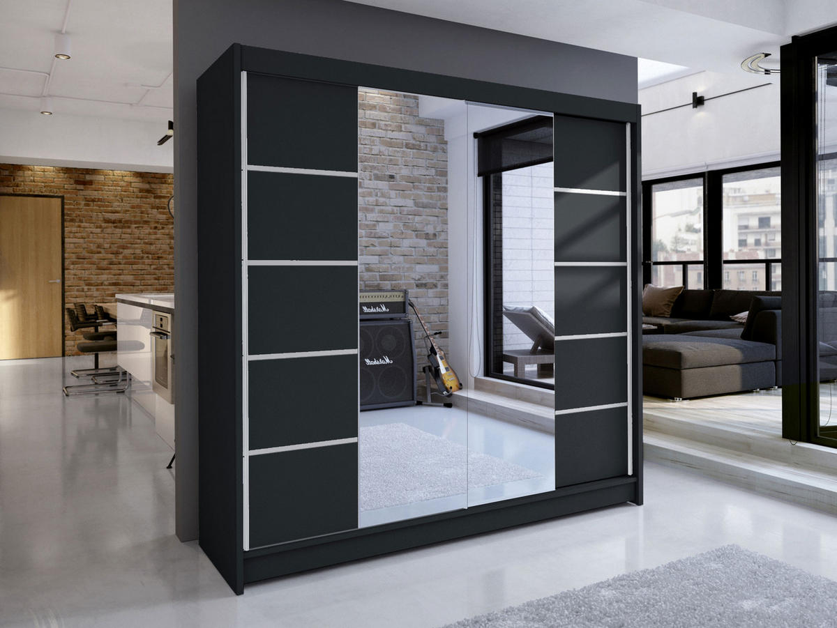 SCHWEBETÜRENSCHRANK Talin V - Silberfarben/Schwarz, Holzwerkstoff/Metall (180/215/58cm) - MIRJAN24