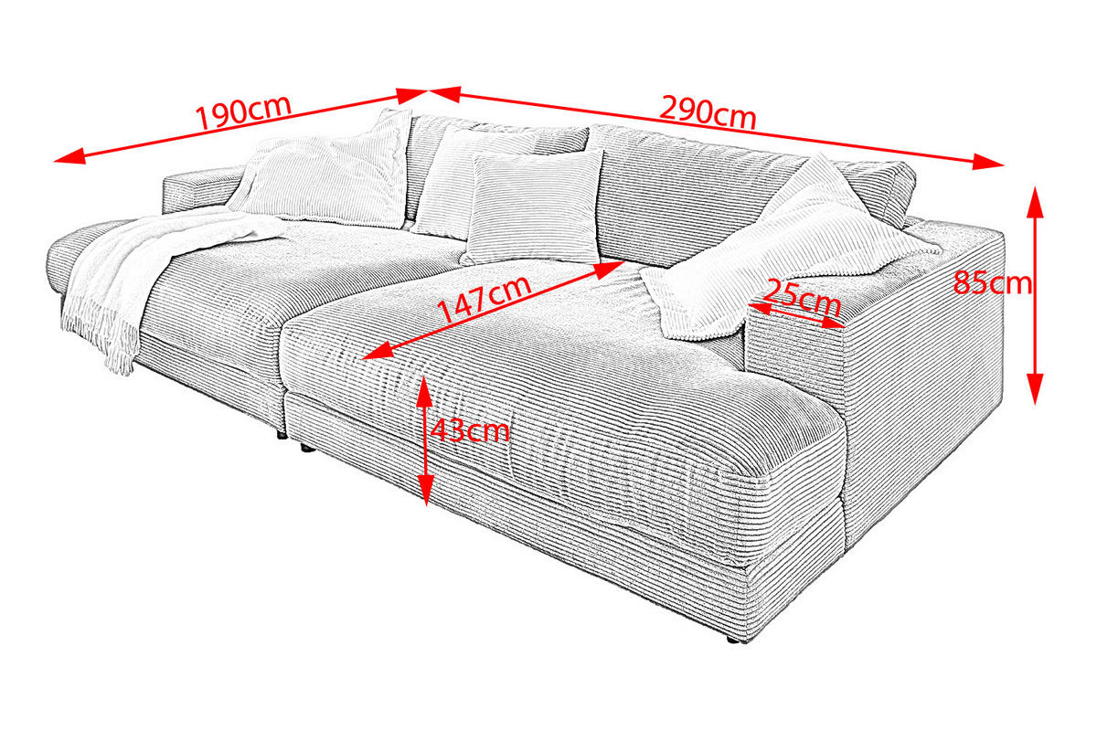 BIG SOFA XL MADELINE Taupe Cord - Taupe/Schwarz, Kunststoff/Textil (290/85/190cm) - KAWOLA