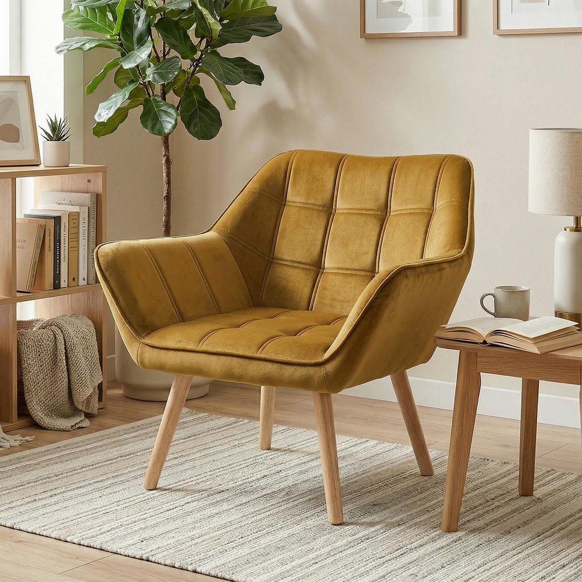 ARMLEHNENSTUHL DE-06807 Skandi Design mit Samtoptik und Kautschukholzbeinen Gelb - Gelb, Holz/Textil (61.5/71/67cm) - ComfortXL