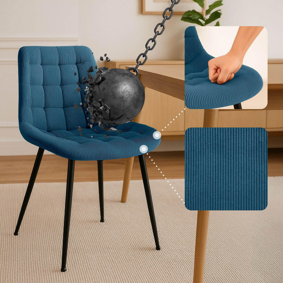 ESSZIMMERSTUHL Cord Blau - Blau/Schwarz, Textil/Metall (52/83/58cm) - CLP