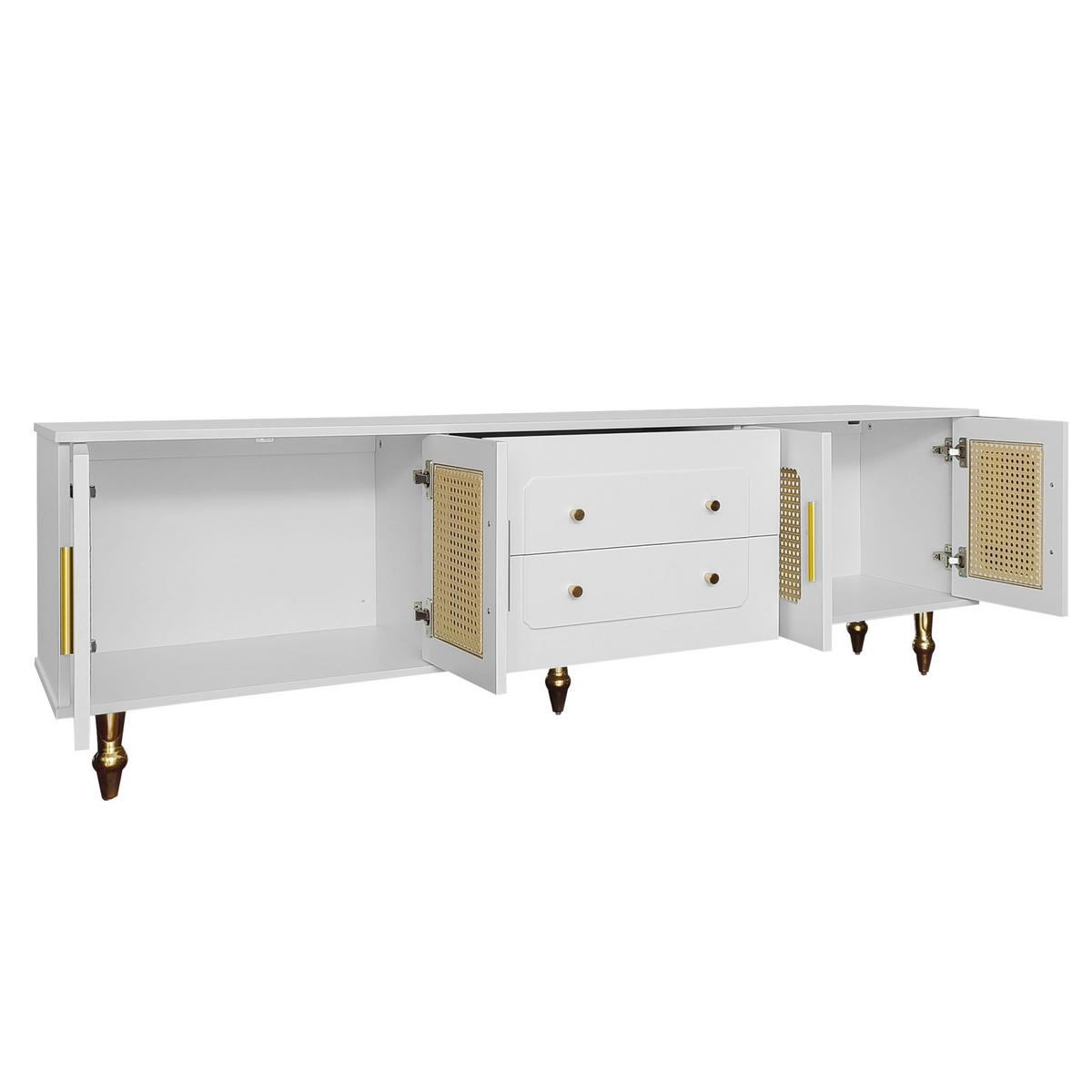 TV-LOWBOARD aus Spanplatte 175x38x55,5 cm Weiß mit Push-to-Open-Schubladen und PVC-Rattantüren - Weiß, Holzwerkstoff (175/55.5/38cm) - Modfu
