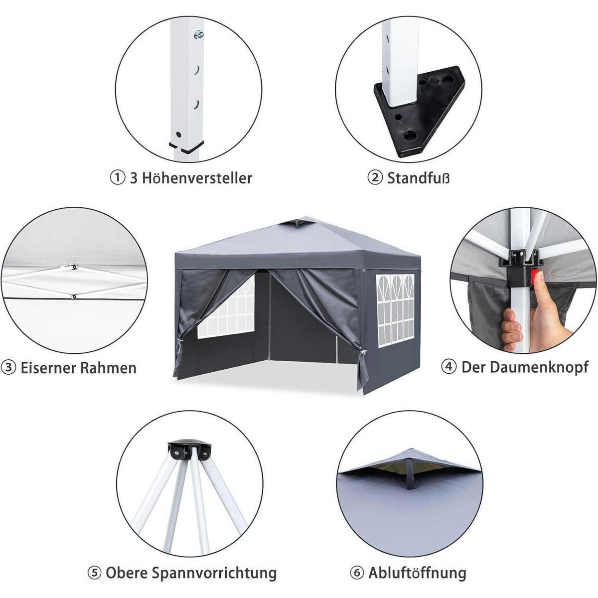 FALTPAVILLON 3x3m Anthrazit Höhenverstellbar Wasserdicht UV-Schutz 50+ - Anthrazit, Metall (300/265/300cm)