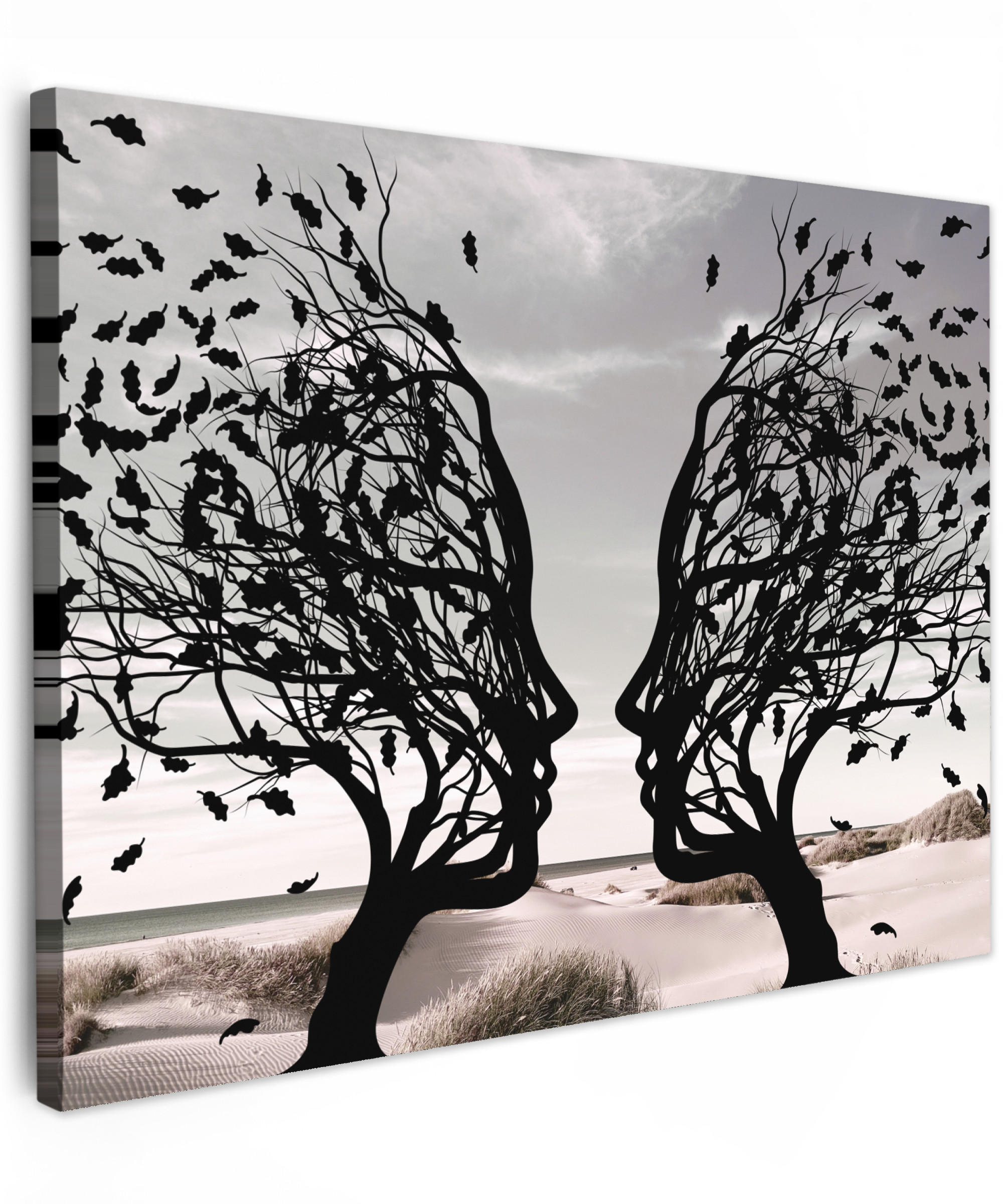 LEINWANDBILD Strand - Meer - Menschen - Baum - Moderne Kunst Wandbilder 80x60 cm - Hellgrau, Textil (80/60cm) - MuchoWow