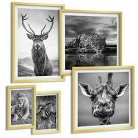BILDER SET 5er Set - 50x50 cm & 20x30 cm & 40x60 cm Goldrahmen - Wildtiere Löwe Jaguar Giraffe Zebras - Goldfarben, Kunststoff (40/60cm) - TULUP