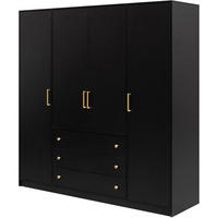 DREHTÜRENSCHRANK Rilo mit 4 Türen und 3 Schubladen, 200 cm, Schwarz - Schwarz, Holzwerkstoff (196/210/58cm) - Beautysofa