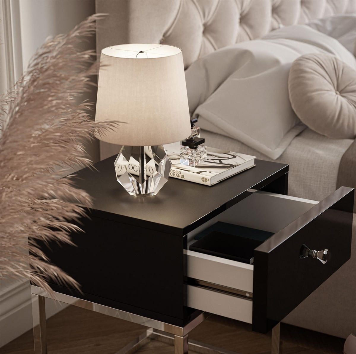 NACHTTISCH BLANCO GLAMOUR Schwarz Hochglanz auf verchromtem Gestell Kristallgriff - Schwarz Hochglanz, Holzwerkstoff (45/53/36.6cm) - Lookway
